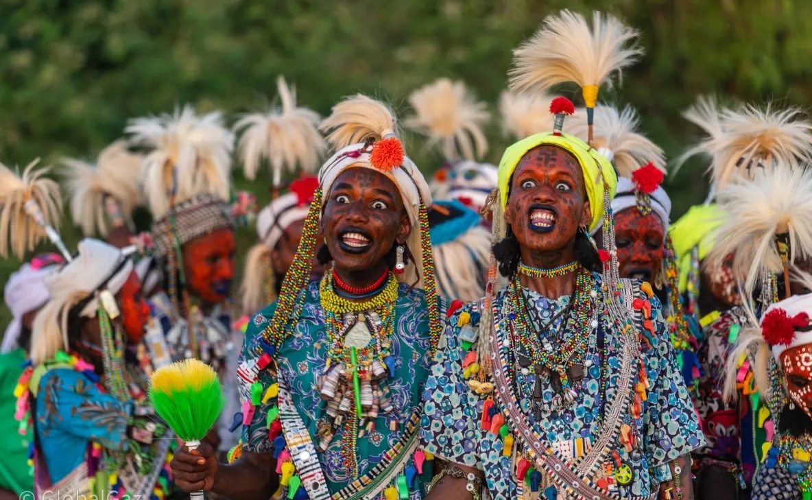 Wodaabe men during the Yaake dance performance at the Gerewol Festival